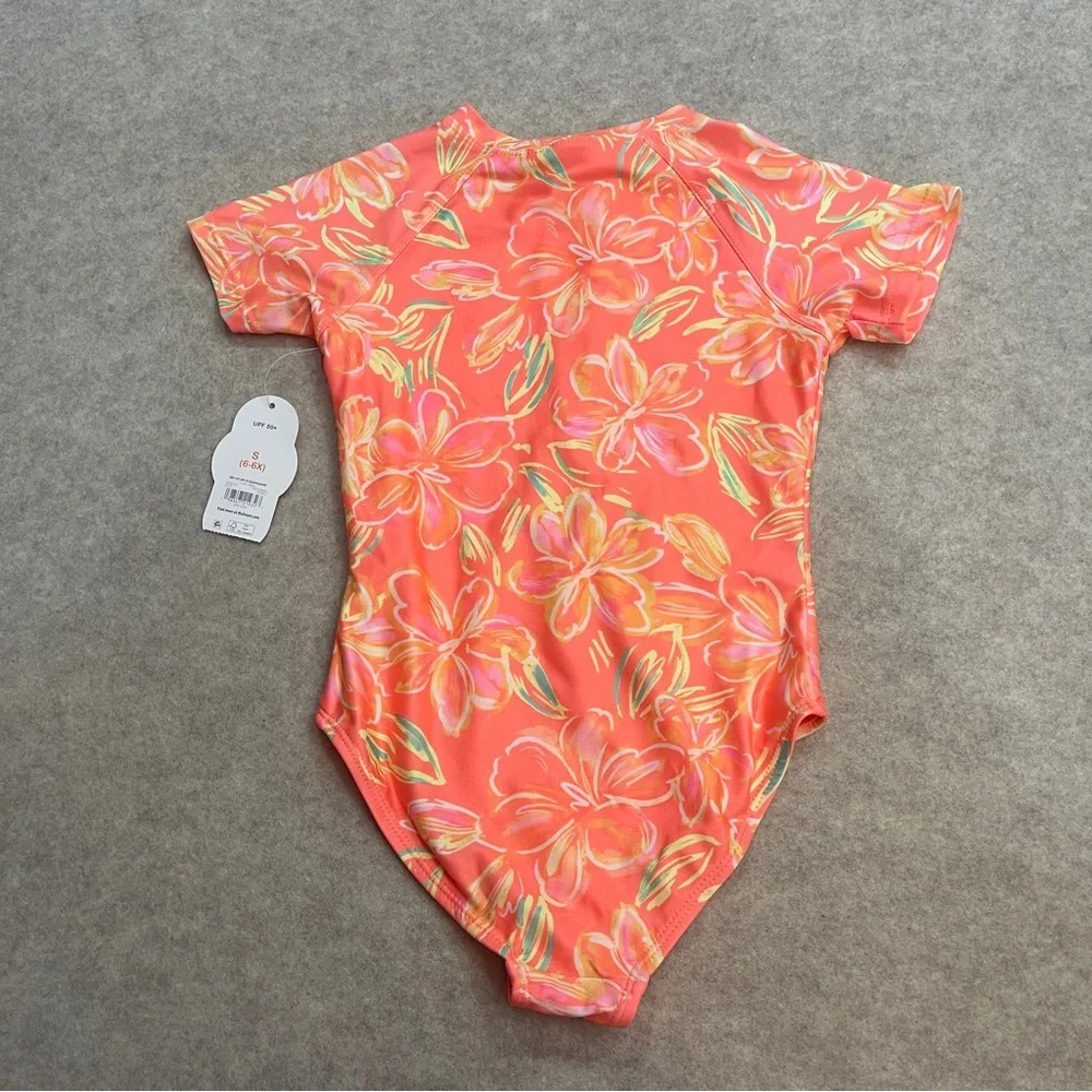 Wonder Nation Rashgaurd Orange Floral 1 Piece Swimsuit Girls size S(6-6X) New
